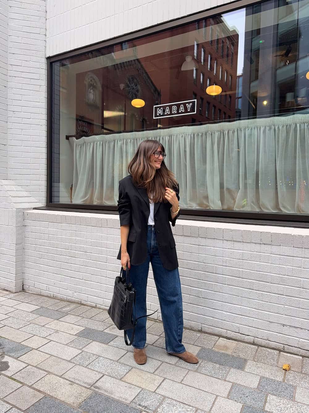 Black Oversized Blazer with White T-Shirt and Jeans and Suede Loafers — Casual Office Outfit