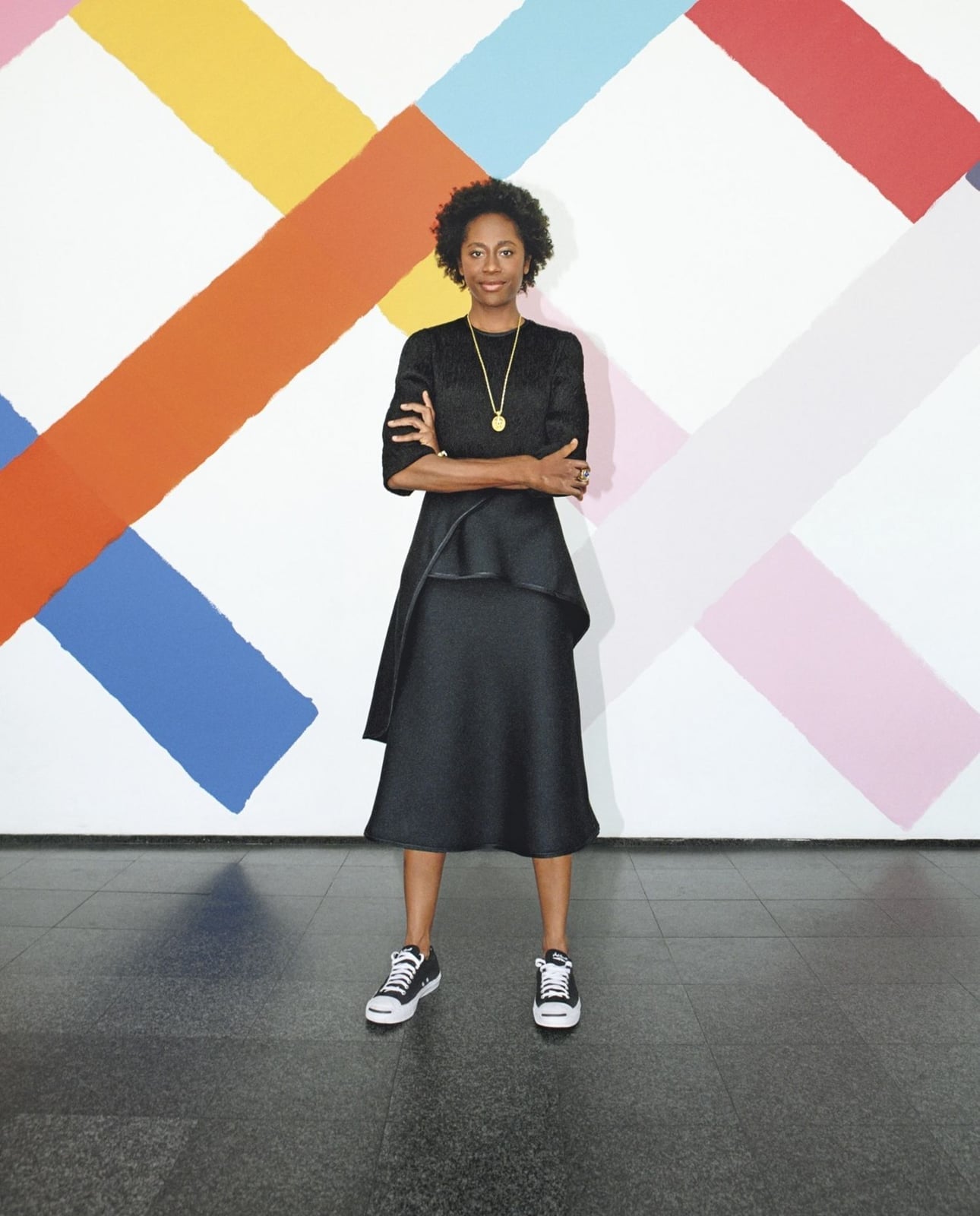 Black Asymmetrical Peplum Midi Dress with Sneakers — Casual Office Outfit