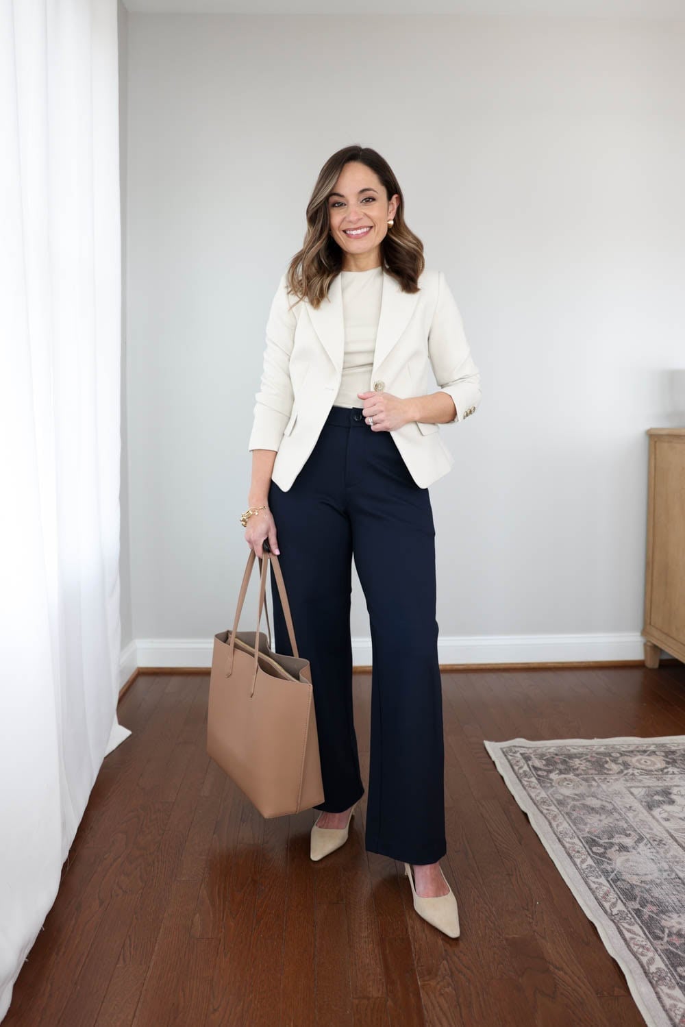 Ivory Wide-Leg Trousers with Cream Fitted Top and Blazer — Casual Office Outfit