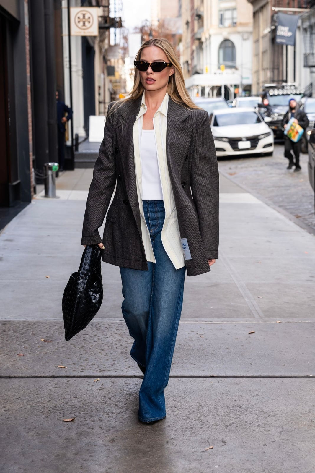 Gray Pinstripe Blazer Over White Shirt and Jeans — Casual Office Outfit