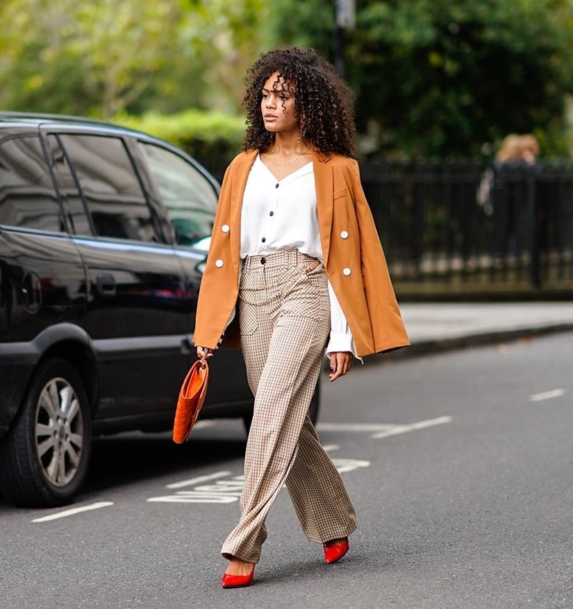 Orange Oversized Blazer with Plaid Wide-Leg Trousers — Casual Office Outfit