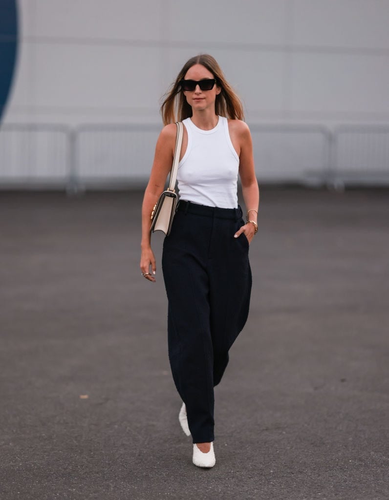 Navy Tapered Trousers with White Ribbed Tank — Casual Office Outfit