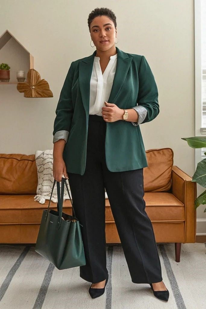 Emerald Green Blazer with White Shirt and Black Trousers — Casual Office Outfit