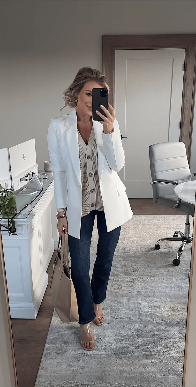 White Oversized Blazer Over Beige Cardigan and Jeans — Casual Office Outfit