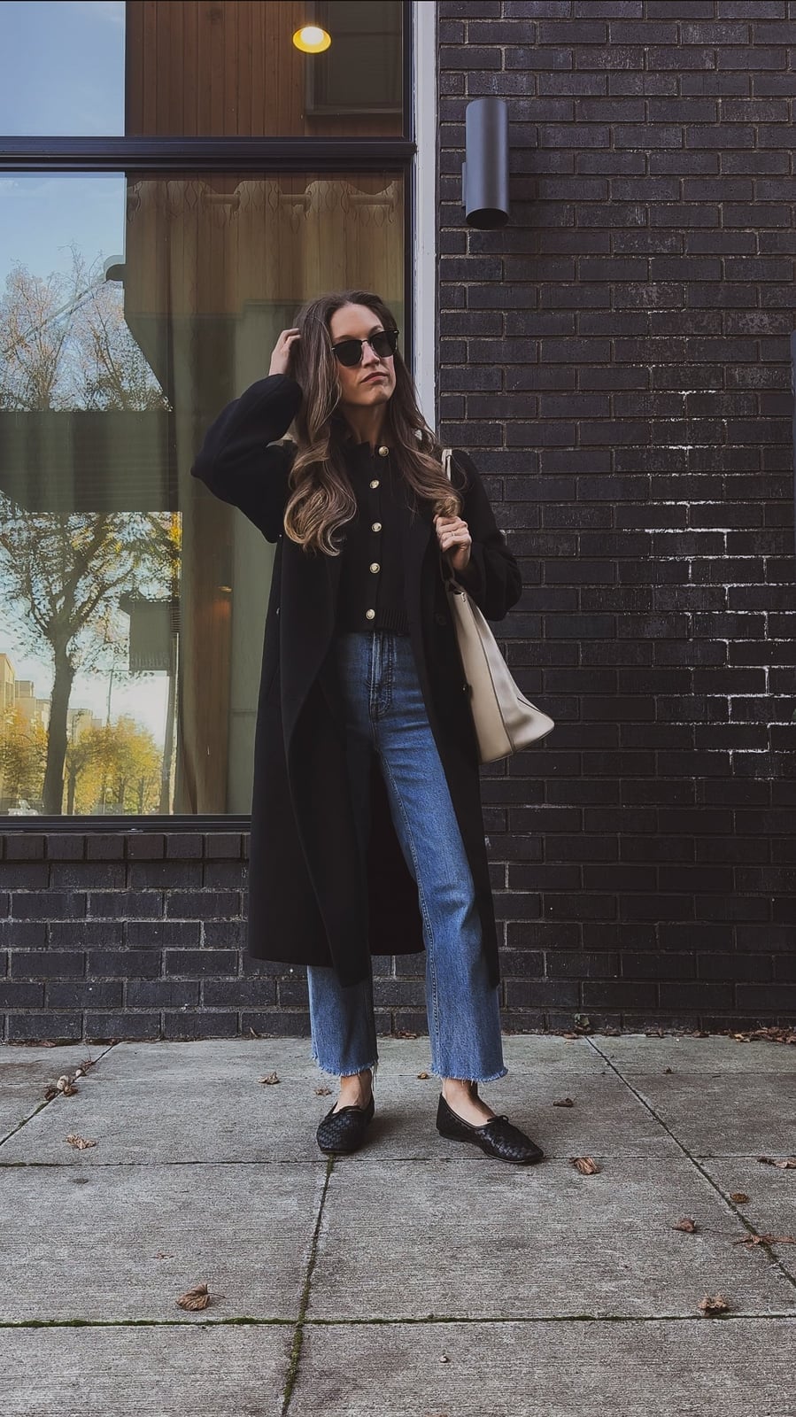 Longline Black Coat with Cream Top and Jeans — Casual Outfits