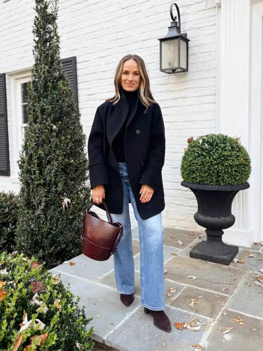 Double-Breasted Coat with Wide Jeans and Ankle Boots — Casual Outfits