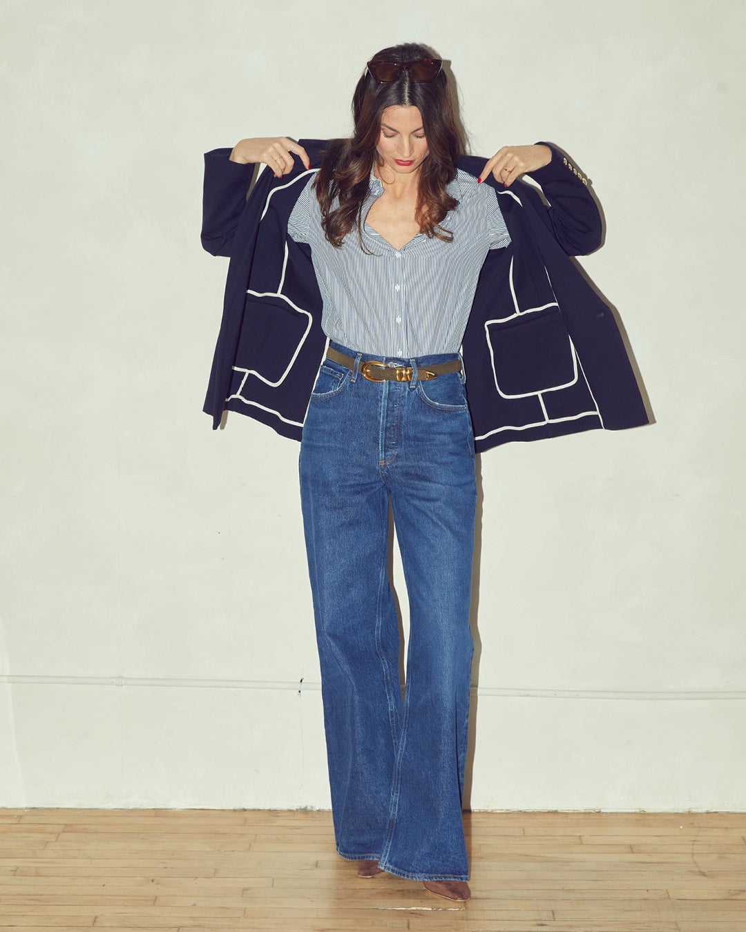 Navy Blazer with Striped Shirt and Wide Jeans — Casual Outfits