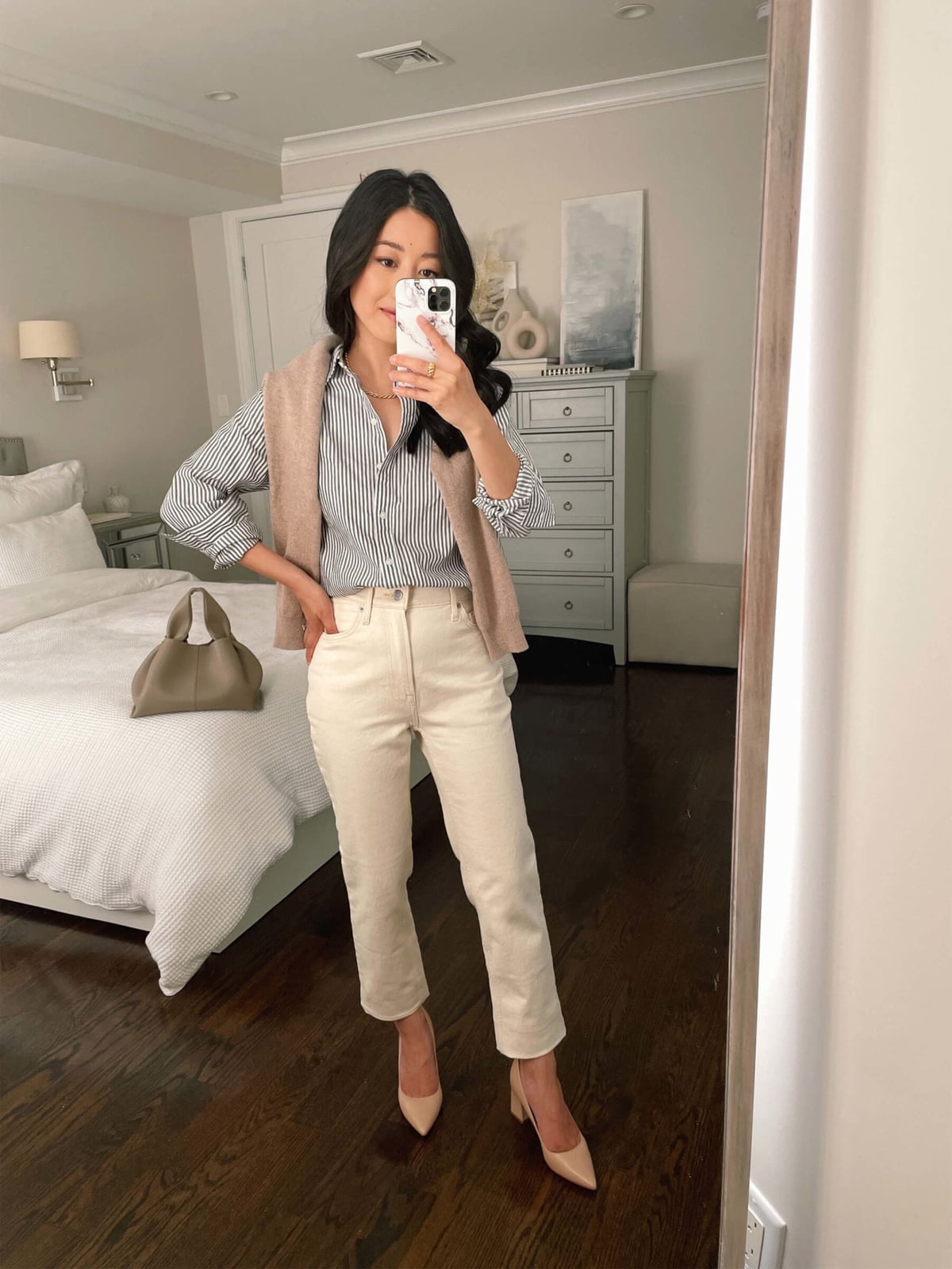 Knit Vest Over Striped Shirt with Straight Trousers — Casual Outfits