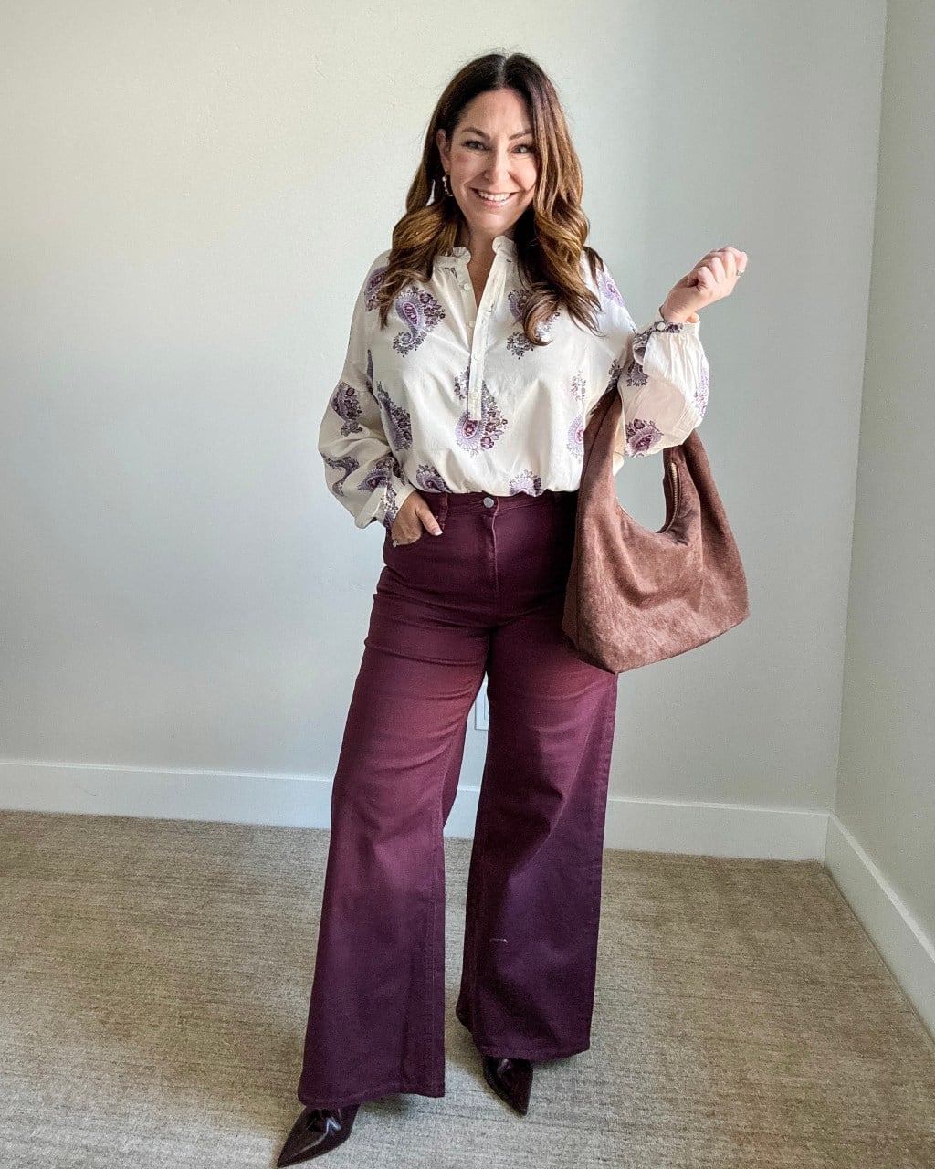 Printed Blouse with Burgundy Corduroy Trousers — Casual Outfits