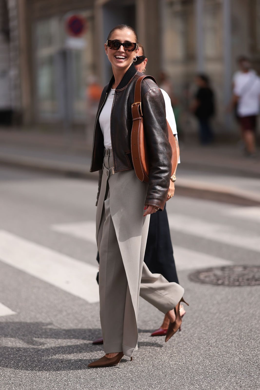 Leather Bomber Jacket with Gray Wrap Trousers — Casual Outfits
