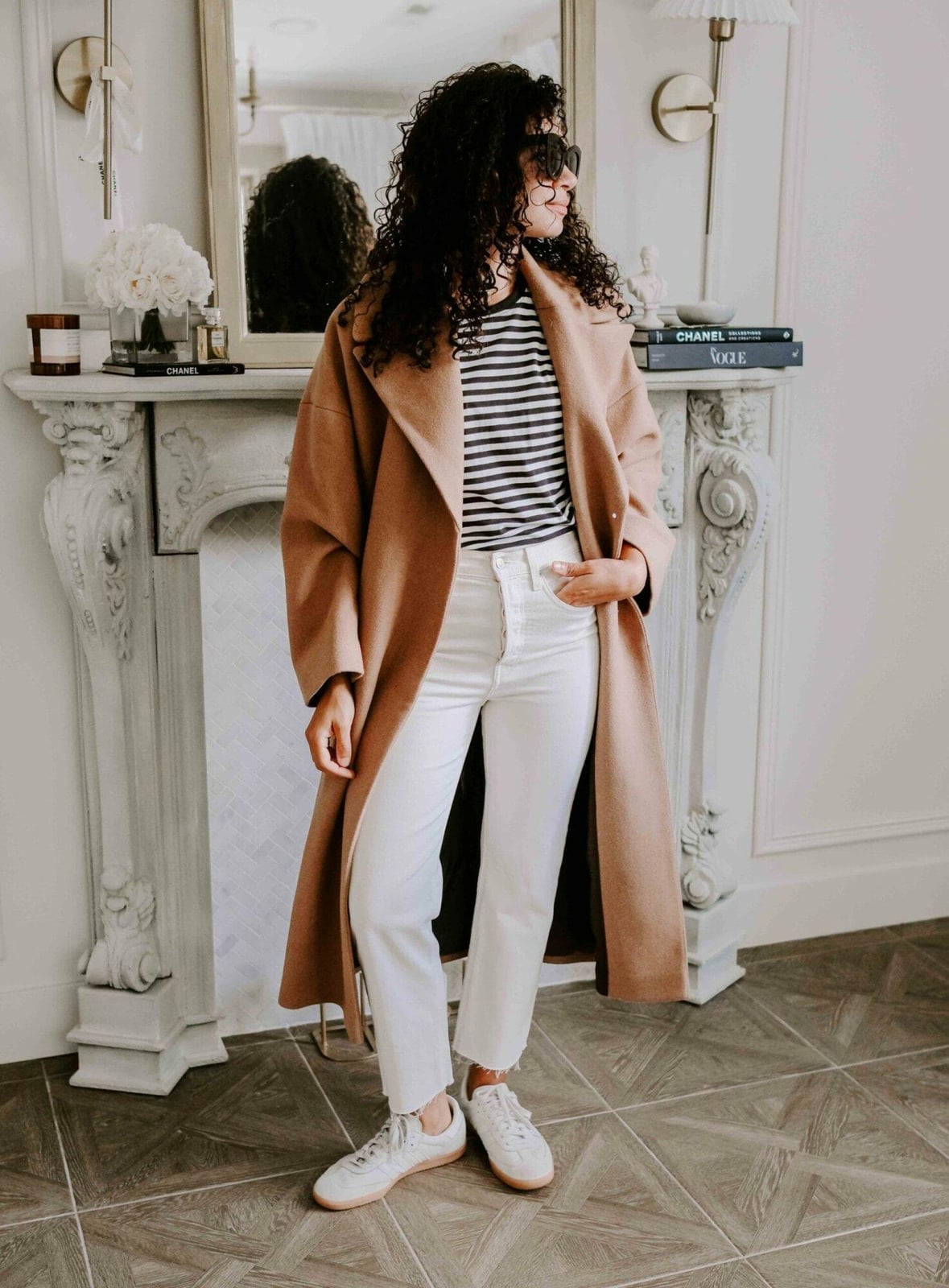 Long Camel Coat Over Striped Tee and Jeans — Casual Outfits