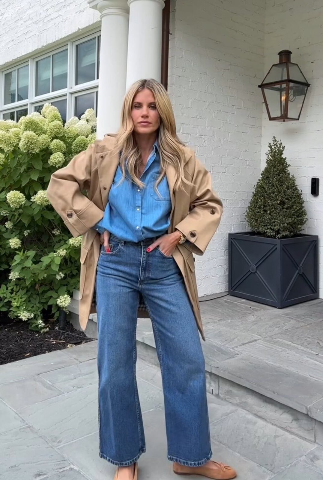 Oversized Trench Coat with Denim Shirt and Wide Jeans — Casual Outfits