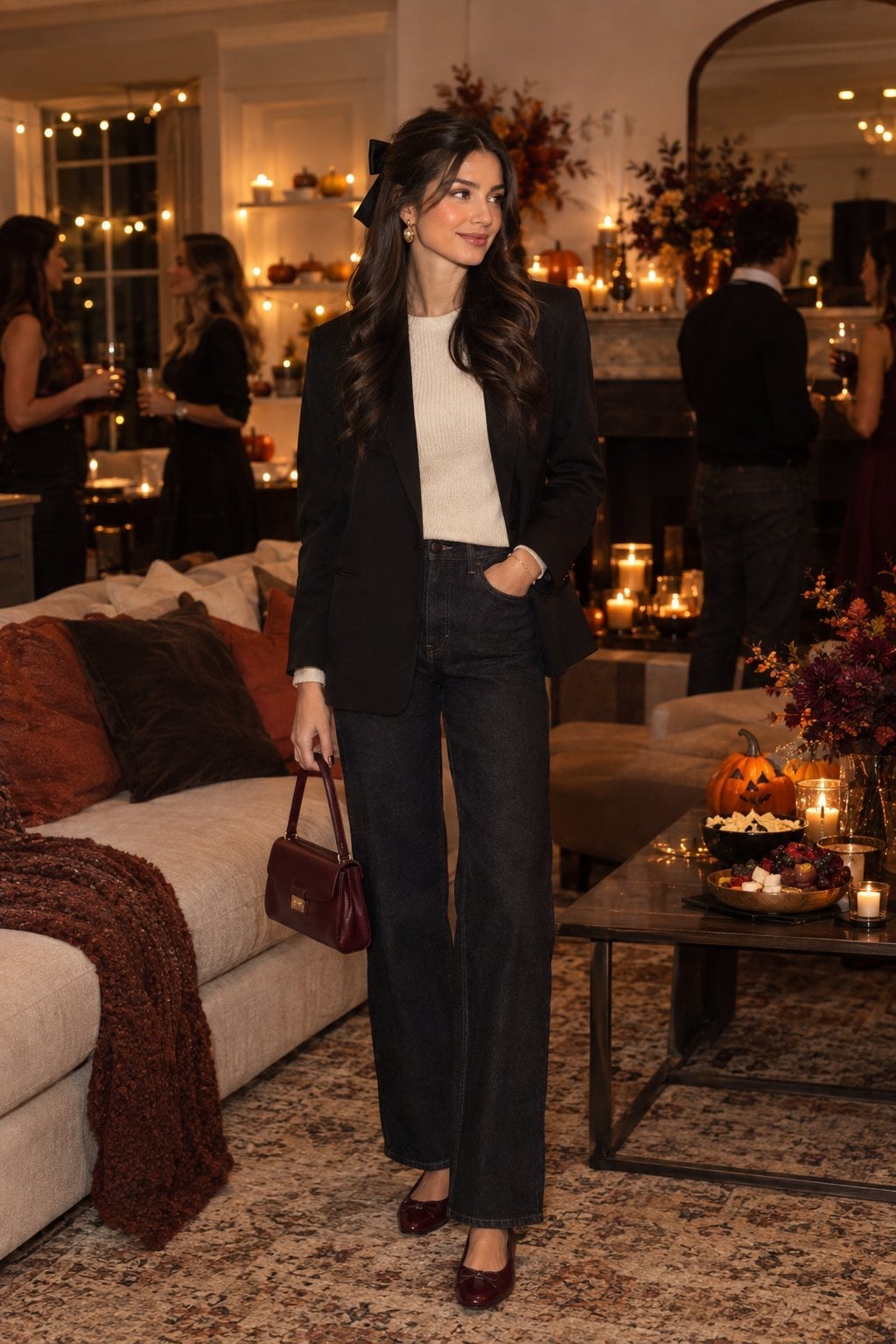 Black Blazer with Wide Leg Jeans and Red Flats — Casual Party Outfit