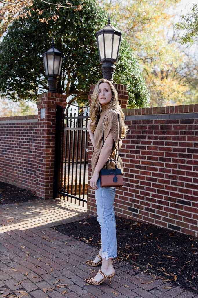 Brown Turtleneck with Straight Leg Jeans and Striped Mules — Casual Party Outfit