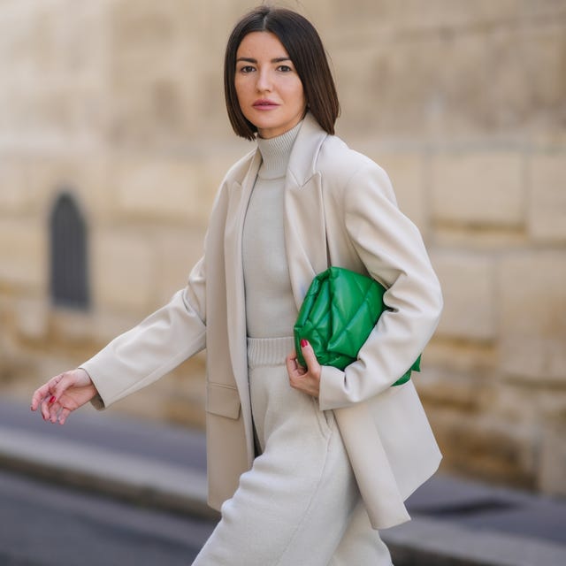 Beige Blazer Set with Bright Green Clutch — Casual Party Outfit