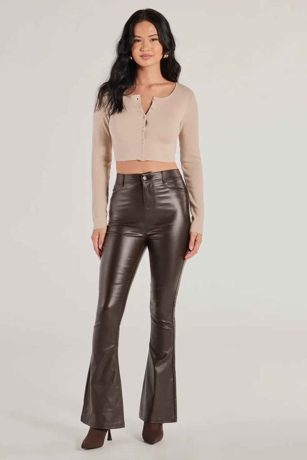 Cropped Cardigan with Faux Leather Flare Trousers — Casual Party Outfit