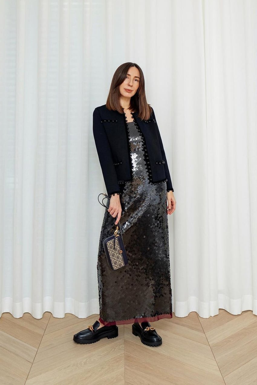 Embellished Jacket Over Sequin Maxi Dress — Casual Party Outfit