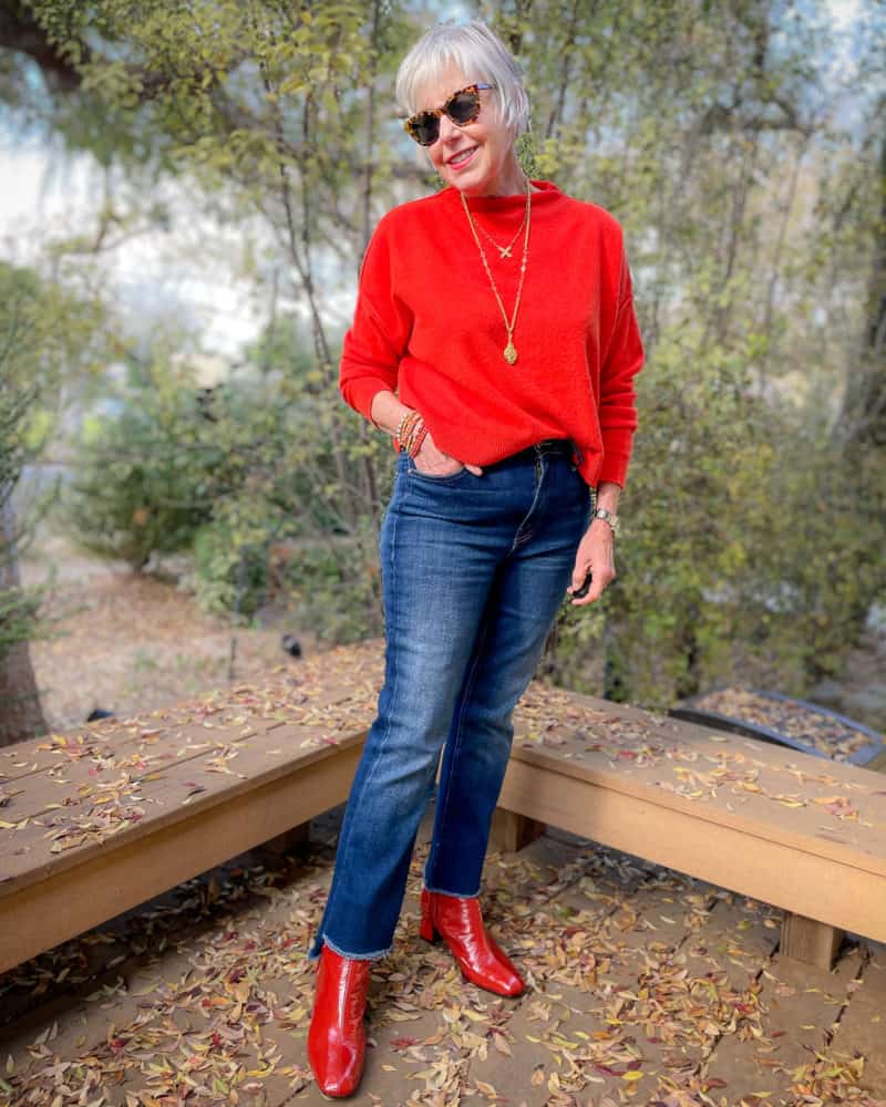 Red Sweater with Blue Jeans and Ankle Boots — Casual Party Outfit