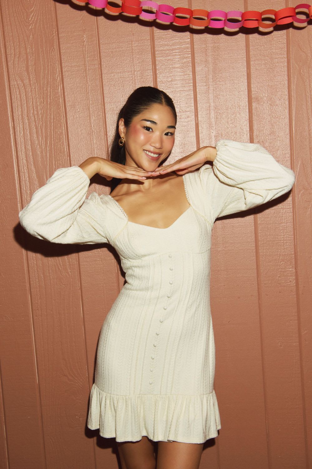 Cream Knit Mini Dress with Sweetheart Neckline — Casual Party Outfit