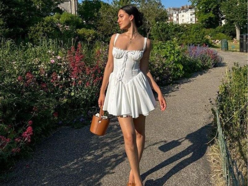 White Corset Dress with Brown Heeled Sandals — Casual Party Outfit