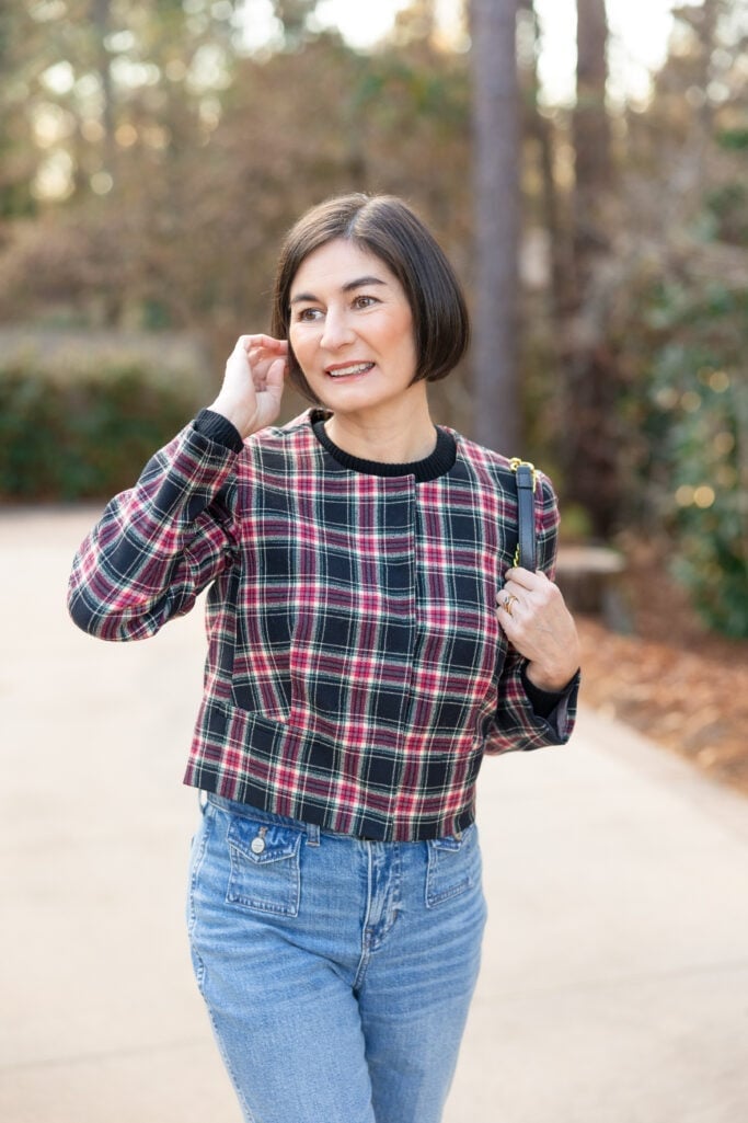 Plaid Cropped Jacket with Black Top and Jeans — Casual Party Outfit