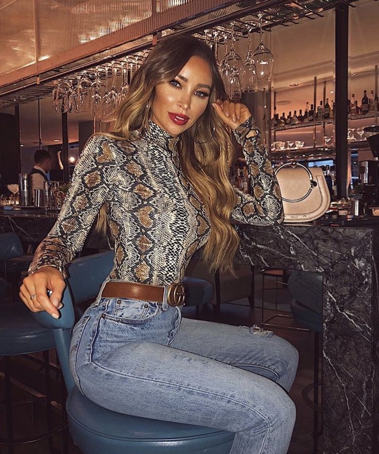 Snake Print Top with Wide Leg Jeans and Brown Belt — Casual Party Outfit