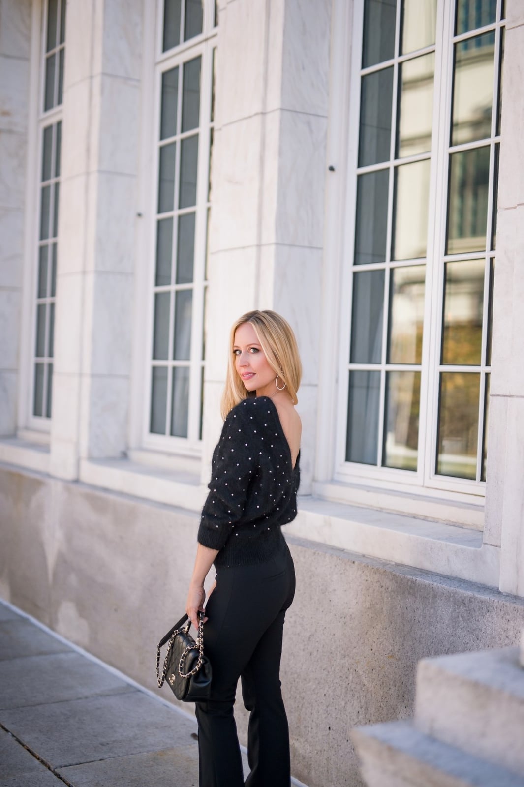 Embellished Black Sweater with Black Trousers — Casual Party Outfit