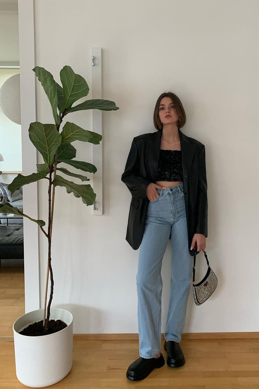 Oversized Blazer Over Sequin Top and Jeans — Casual Party Outfit