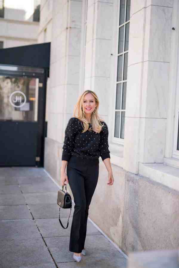 Embellished Black Sweater with Flared Trousers, Close-Up Take — Casual Party Outfit