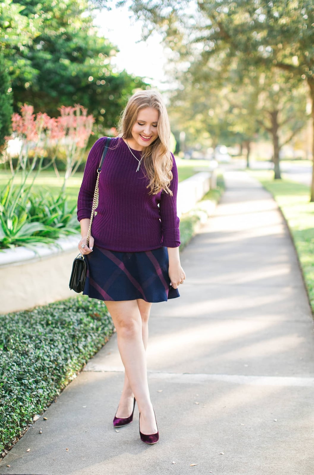 Purple Knit Sweater with Plaid Mini Skirt — Casual Party Outfit