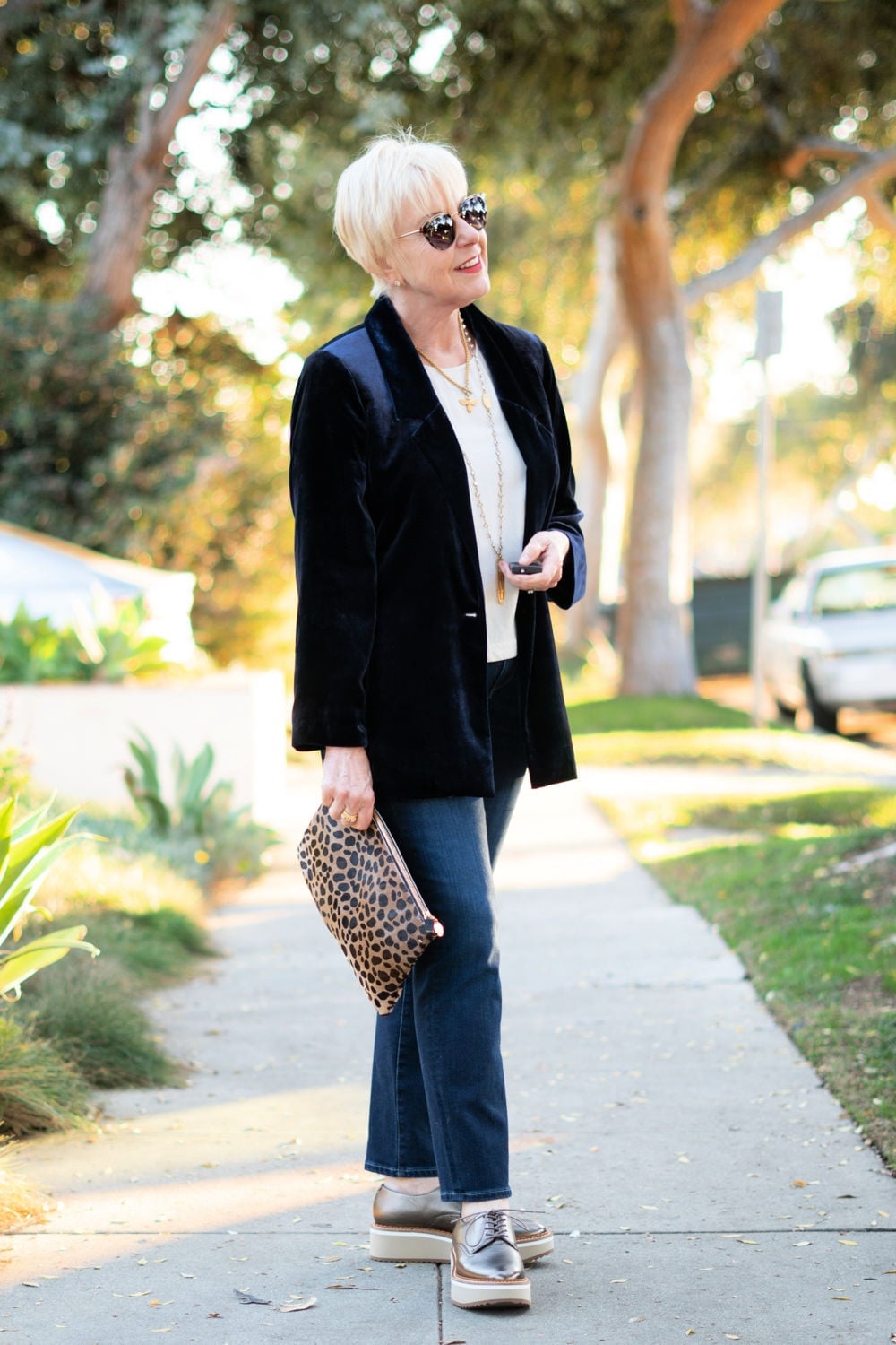 Navy Velvet Blazer with Jeans and Loafers — Casual Party Outfit