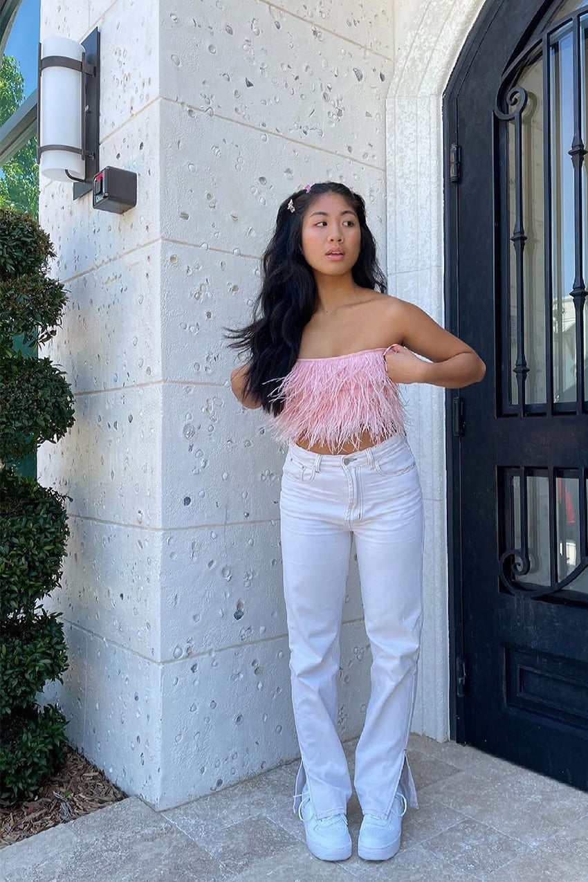 Pink Feather Top with White Jeans and Sneakers — Casual Party Outfit