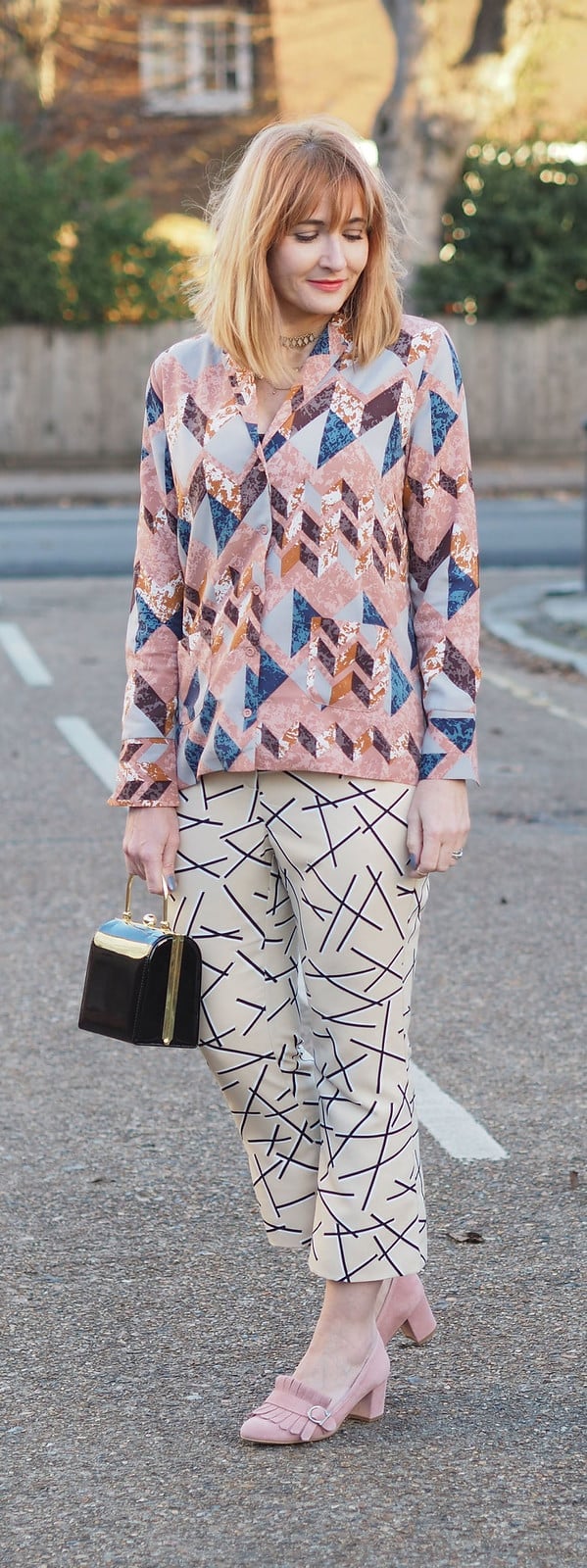 Geometric Print Blouse with Cream Trousers — Casual Party Outfit