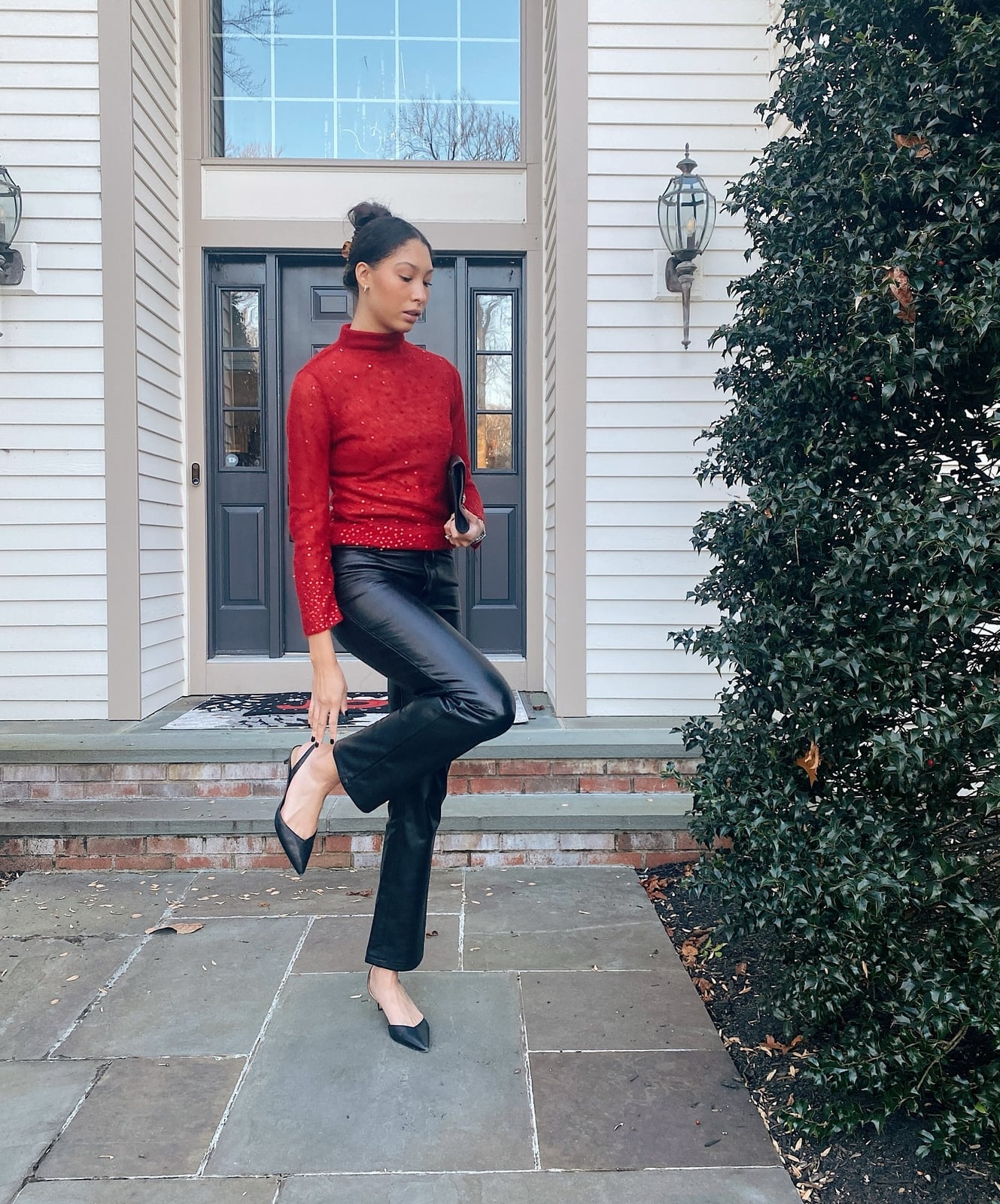 Red Embellished Top with Black Leather Trousers — Casual Party Outfit
