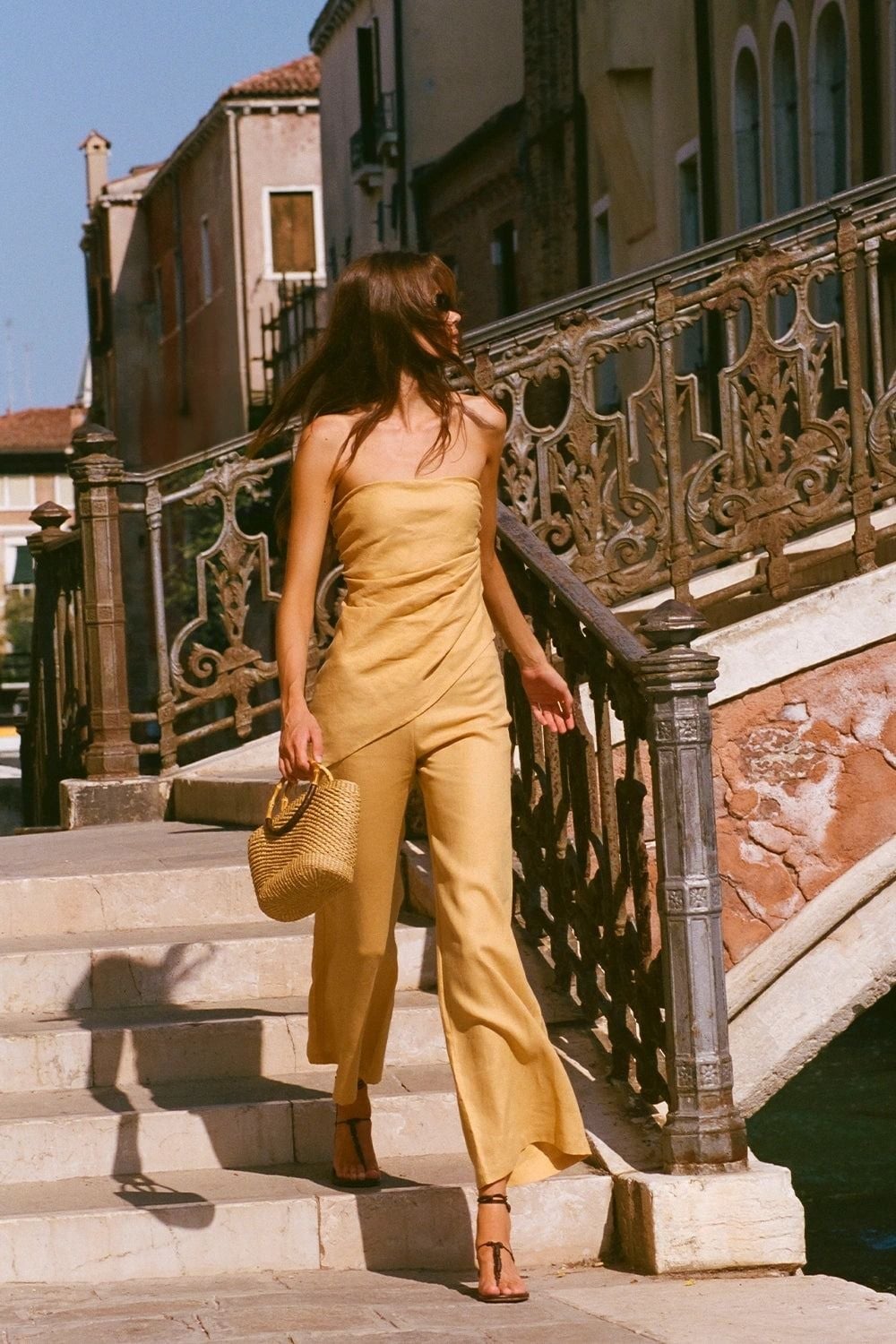 Yellow Strapless Jumpsuit with Black Sandals — Casual Party Outfit