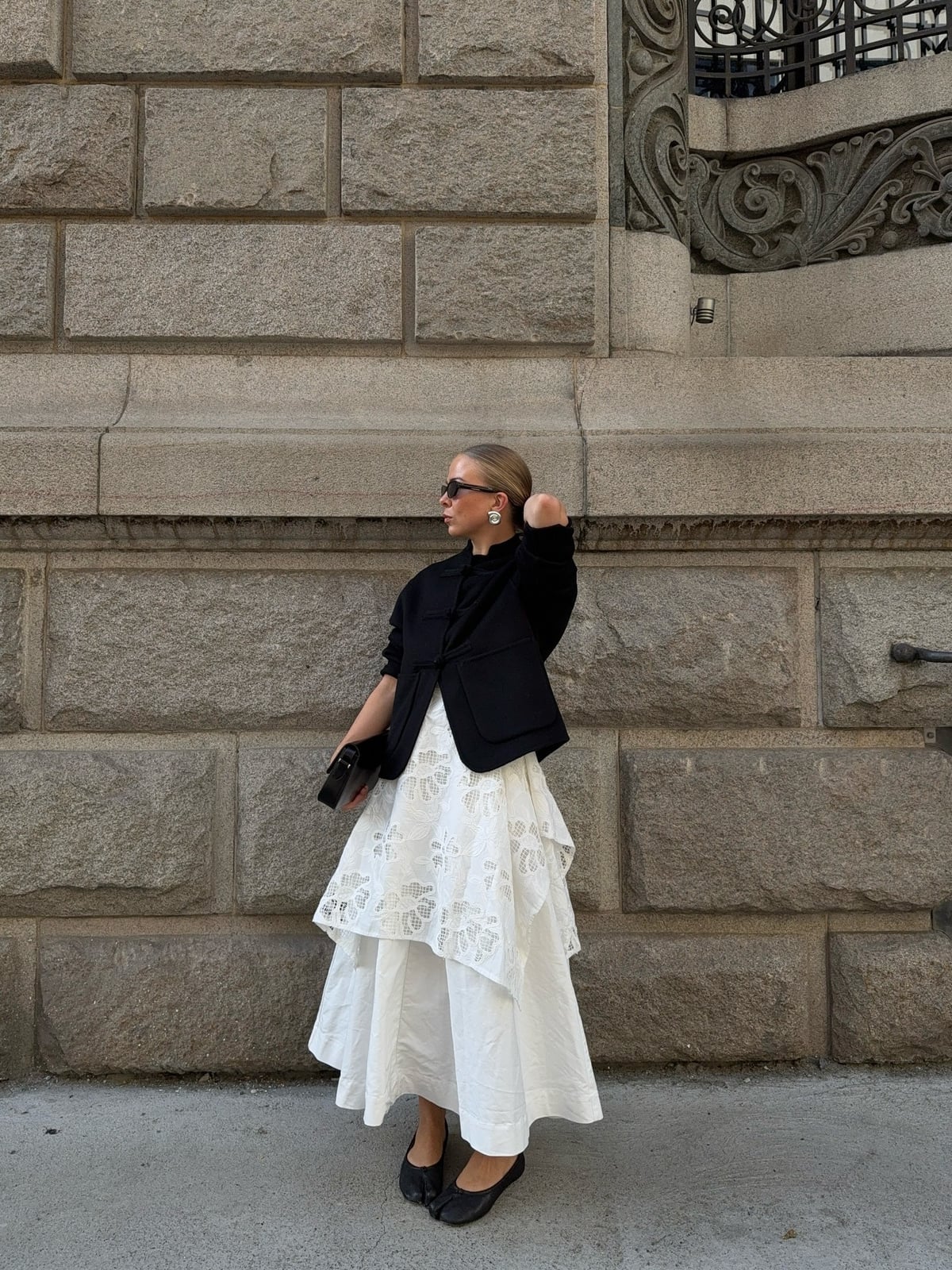 Cropped Jacket Over White Lace Skirt — Casual Party Outfit