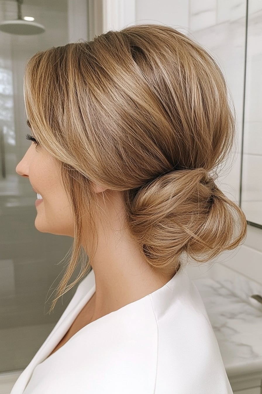 Messy Blonde Low Bun With Loose Strands, Close-Up Take — Casual Updo
