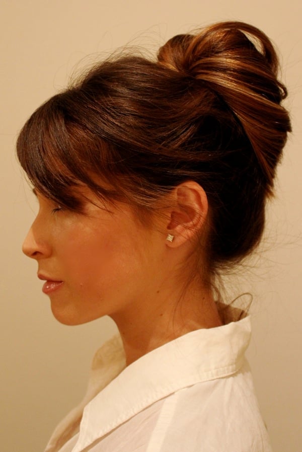 Messy Dark Brown Updo Blunt Bangs — Casual Updo