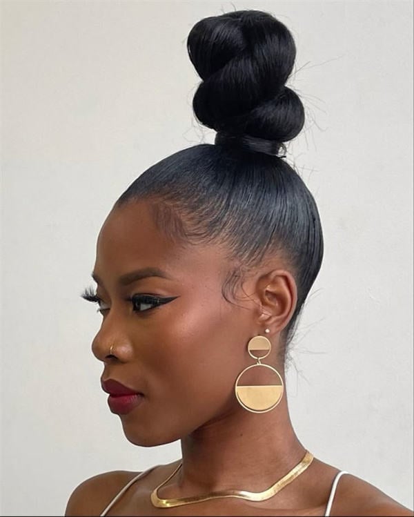 Sleek High Top Knot Black Hair — Casual Updo