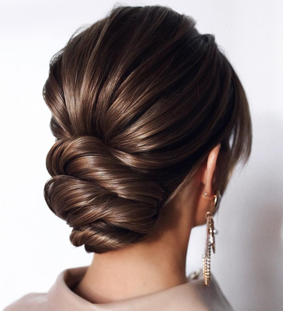 Low Dark Brown Twisted Bun Glossy Finish — Casual Updo