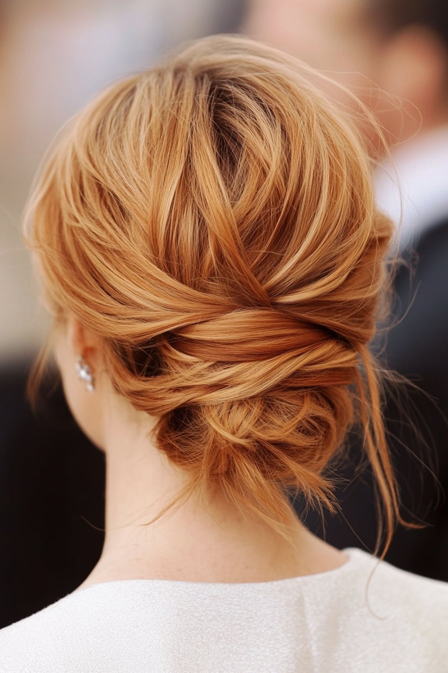 Neat High Bun Medium Brown Wispy Bangs — Casual Updo