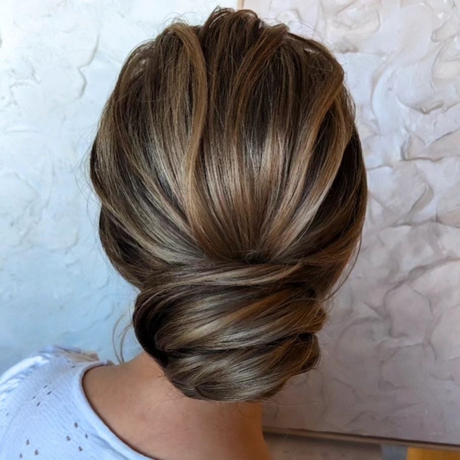 Intricate Twisted Updo Brown and Blonde Highlights — Casual Updo