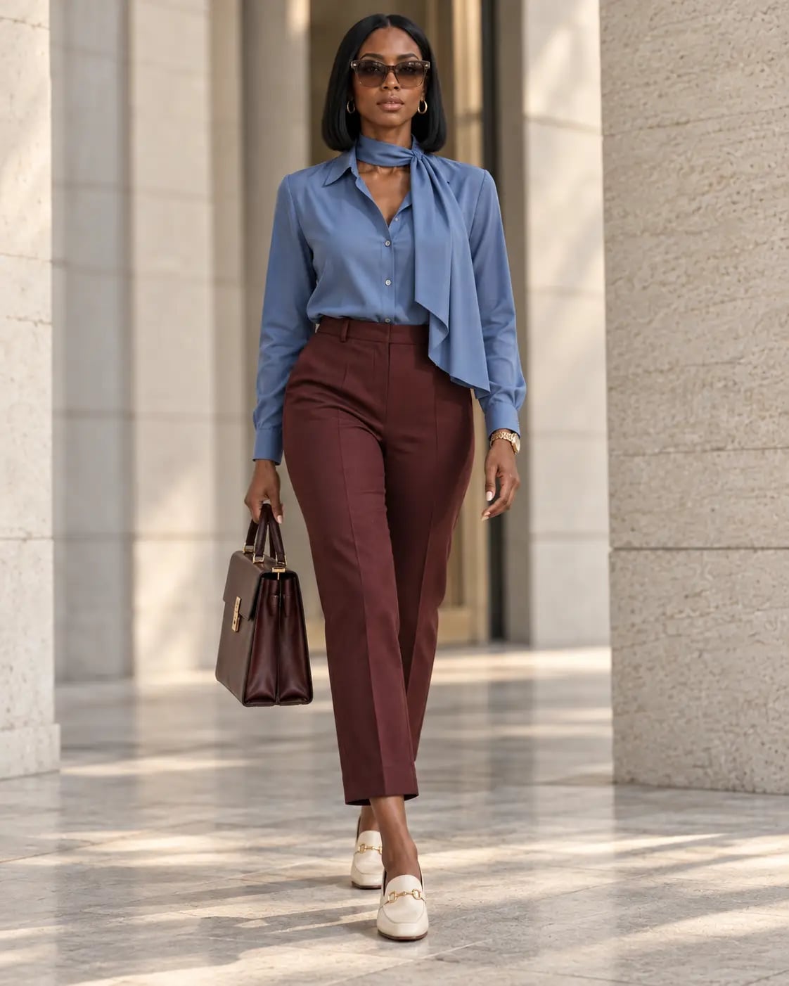 Blue Blouse with Scarf Detail and Burgundy Trousers Blue Blouse with Scarf Detail and Burgundy Trousers — Casual Work Outfits