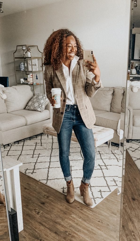 Brown Plaid Blazer with White Shirt and Jeans Brown Plaid Blazer with White Shirt and Jeans — Casual Work Outfits