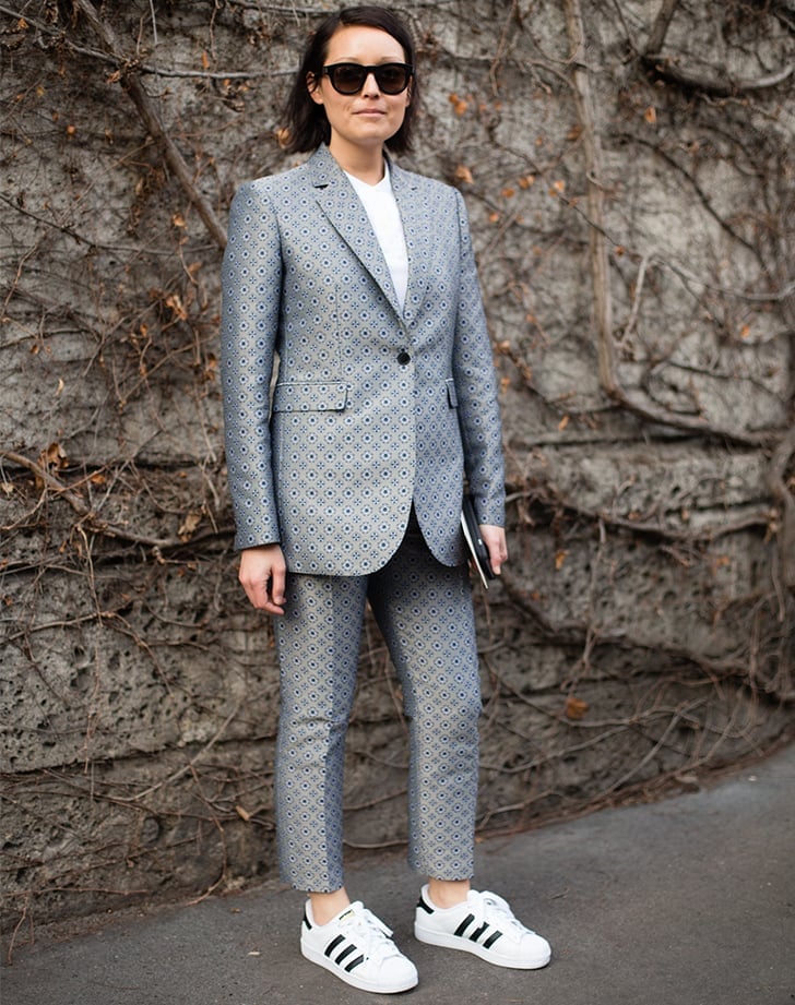 Silver and Blue Patterned Suit with White Sneakers Silver and Blue Patterned Suit with White Sneakers — Casual Work Outfits