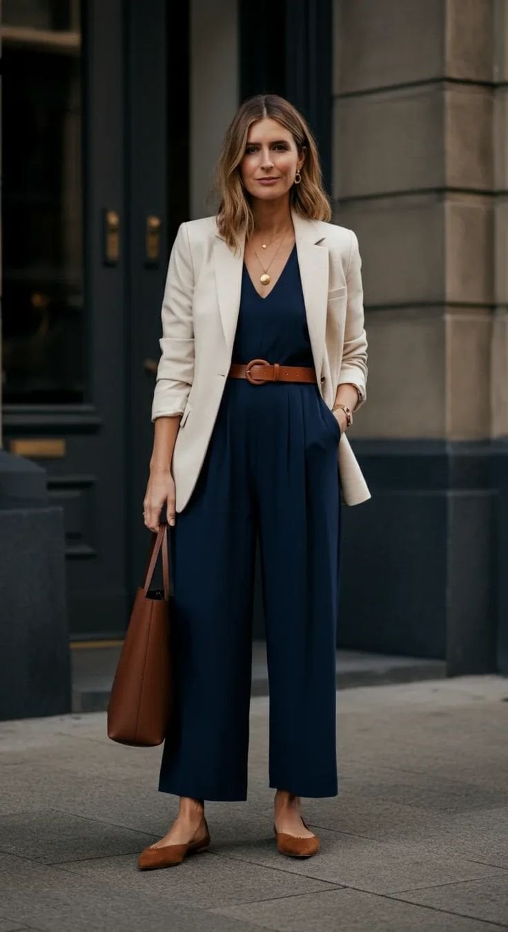 Navy Culotte Jumpsuit with Cream Blazer Navy Culotte Jumpsuit with Cream Blazer — Casual Work Outfits