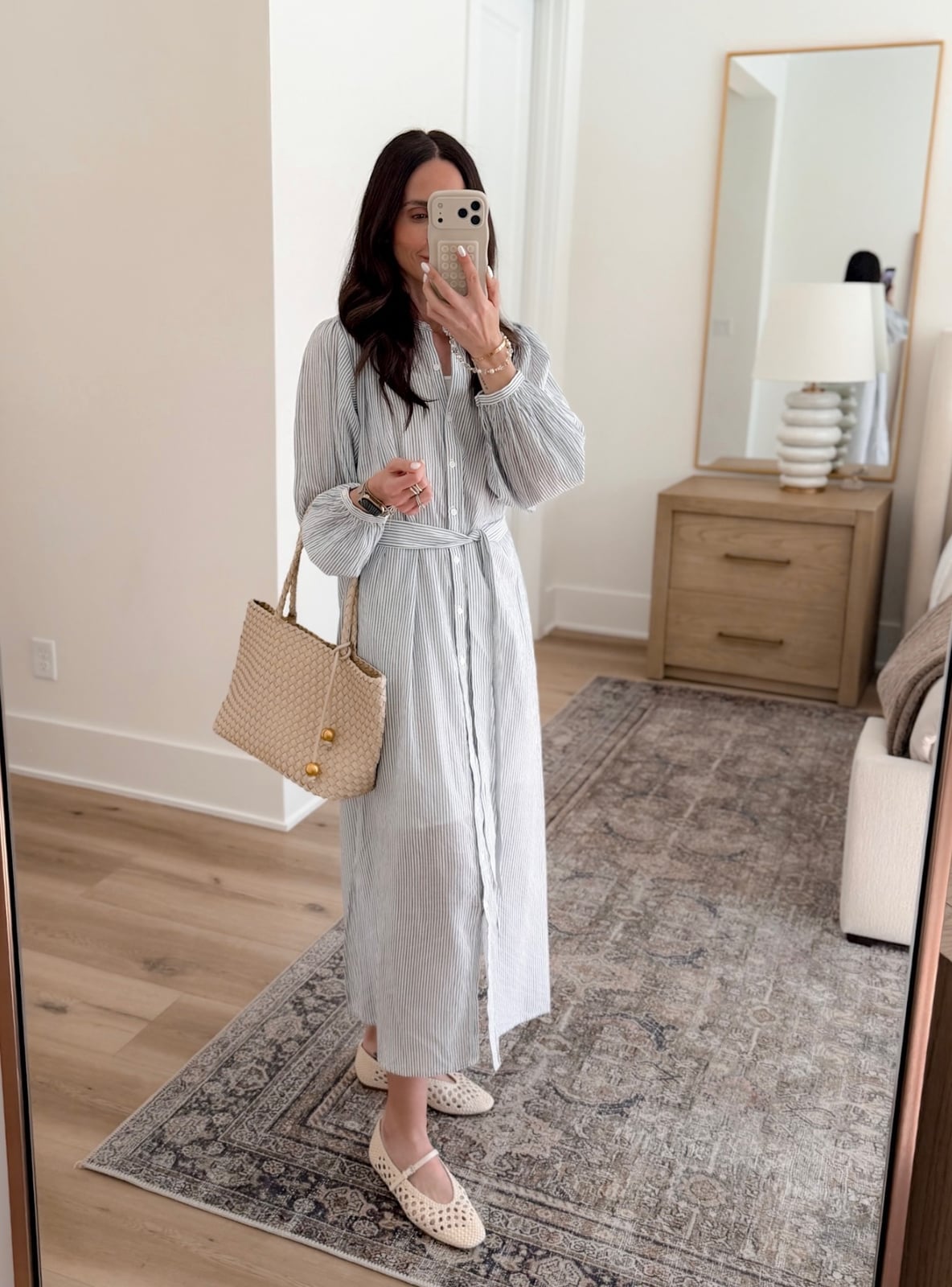 Striped Shirt Dress with Woven Tote Bag Striped Shirt Dress with Woven Tote Bag — Casual Work Outfits