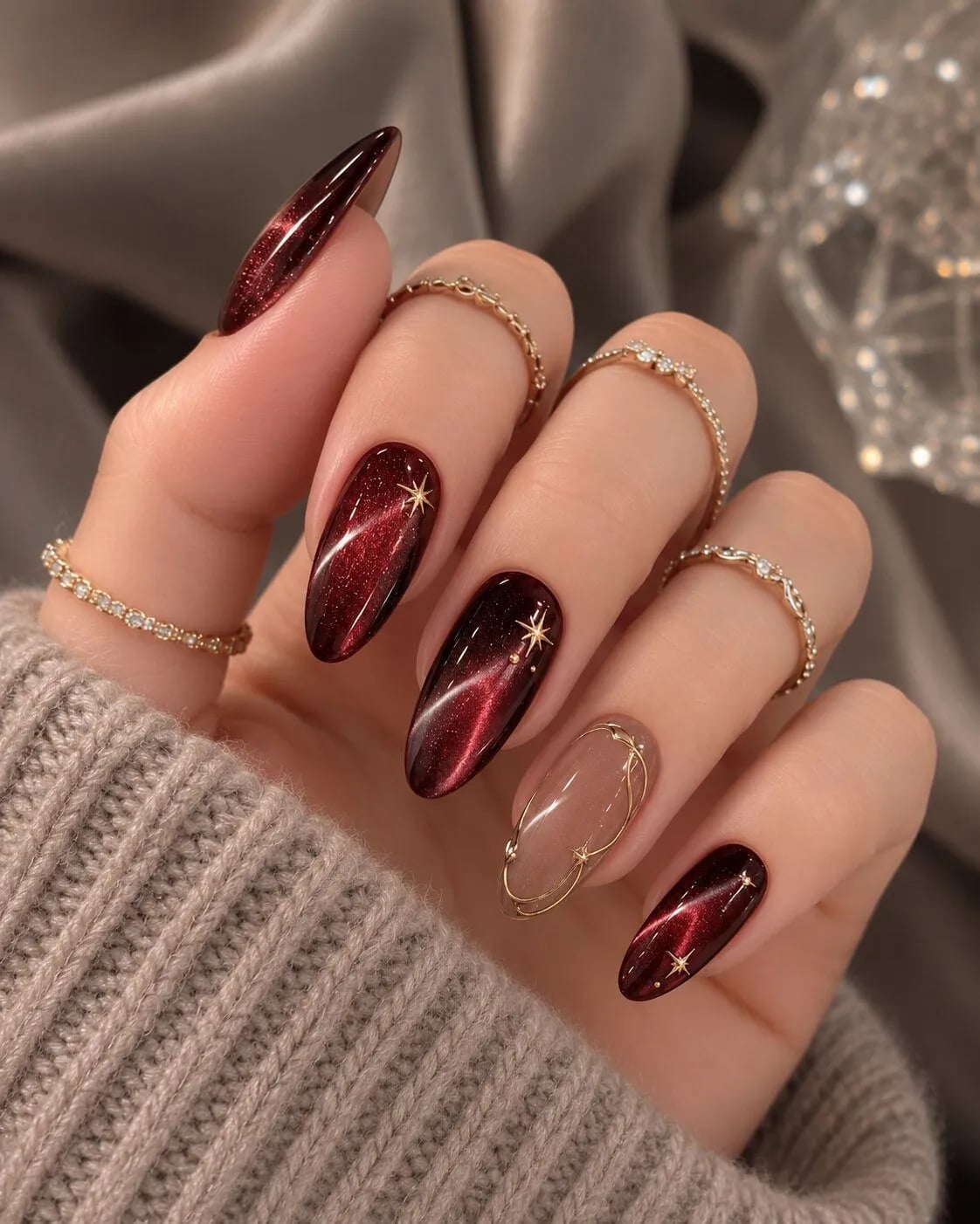 Long Almond Dark Burgundy Cat Eye Nails Long Almond Dark Burgundy Cat Eye Nails — Cat Eye Nail Art