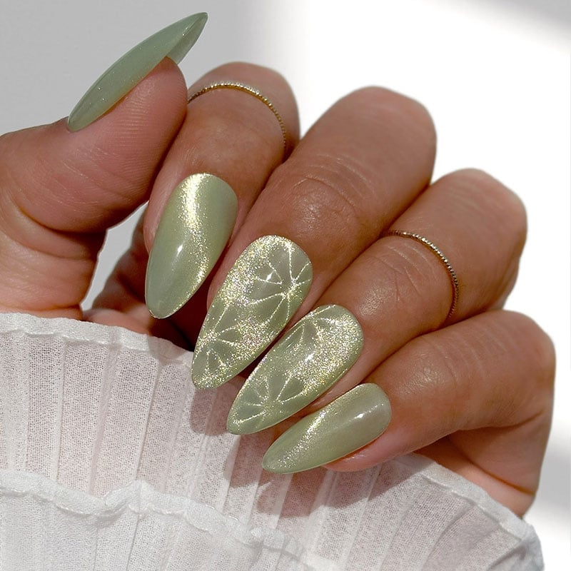 Long Stiletto Sage Green Cat Eye Geometric Long Stiletto Sage Green Cat Eye Geometric — Cat Eye Nail Art