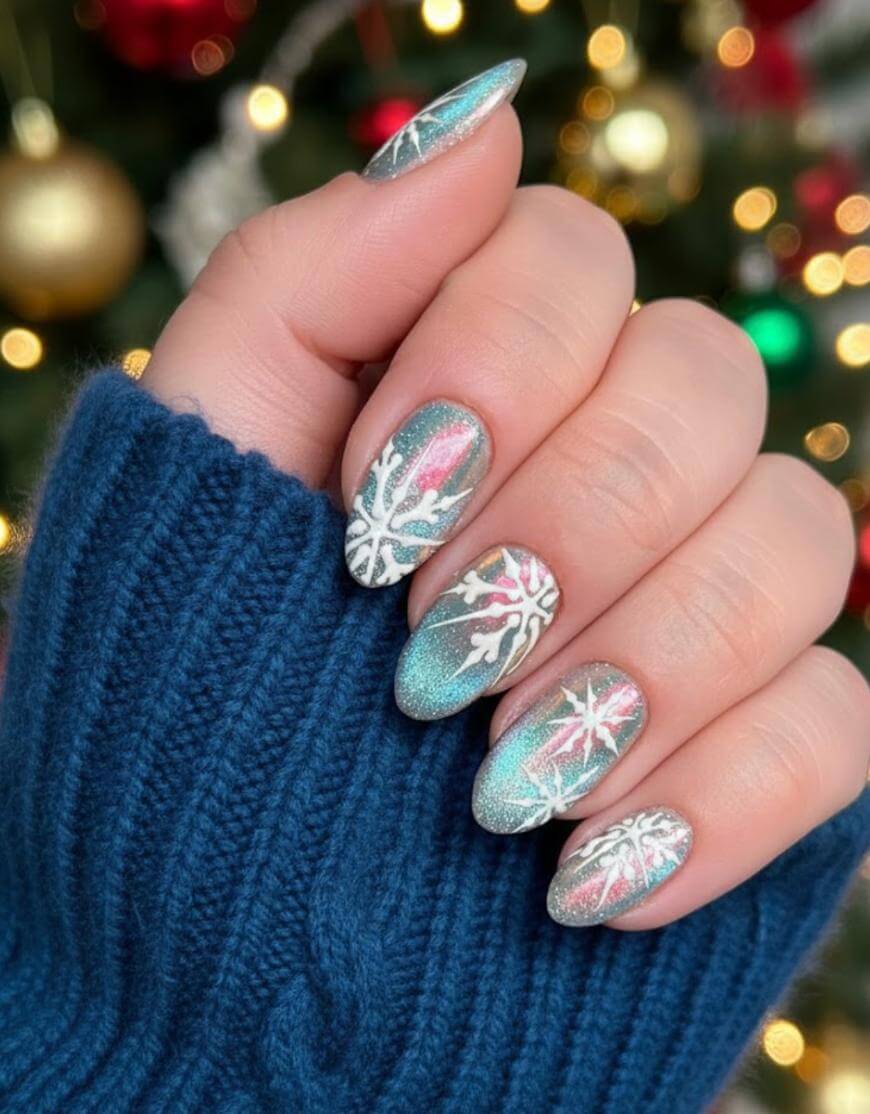 Medium Almond Blue Pink Cat Eye Snowflakes Medium Almond Blue Pink Cat Eye Snowflakes — Cat Eye Nail Art